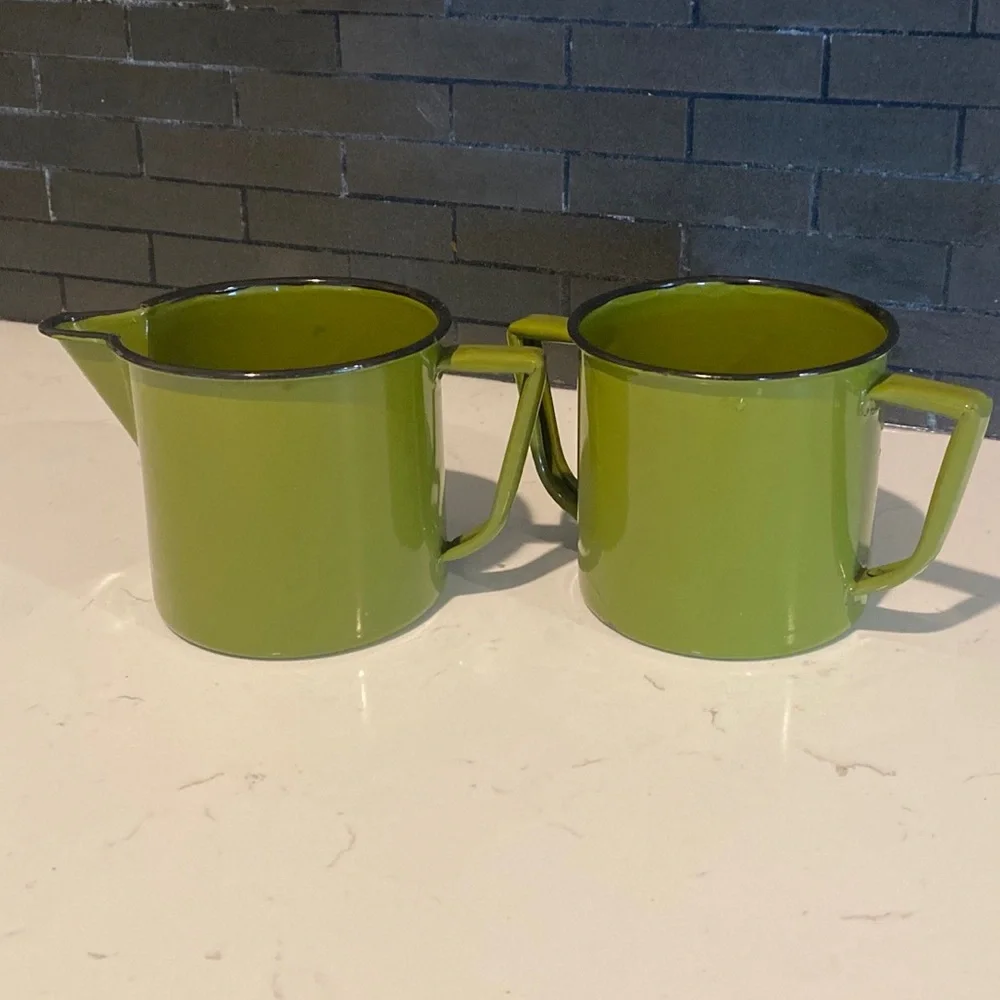 Vintage Olive Green Enamel Sugar and Creamer Set 3.5” Tall
